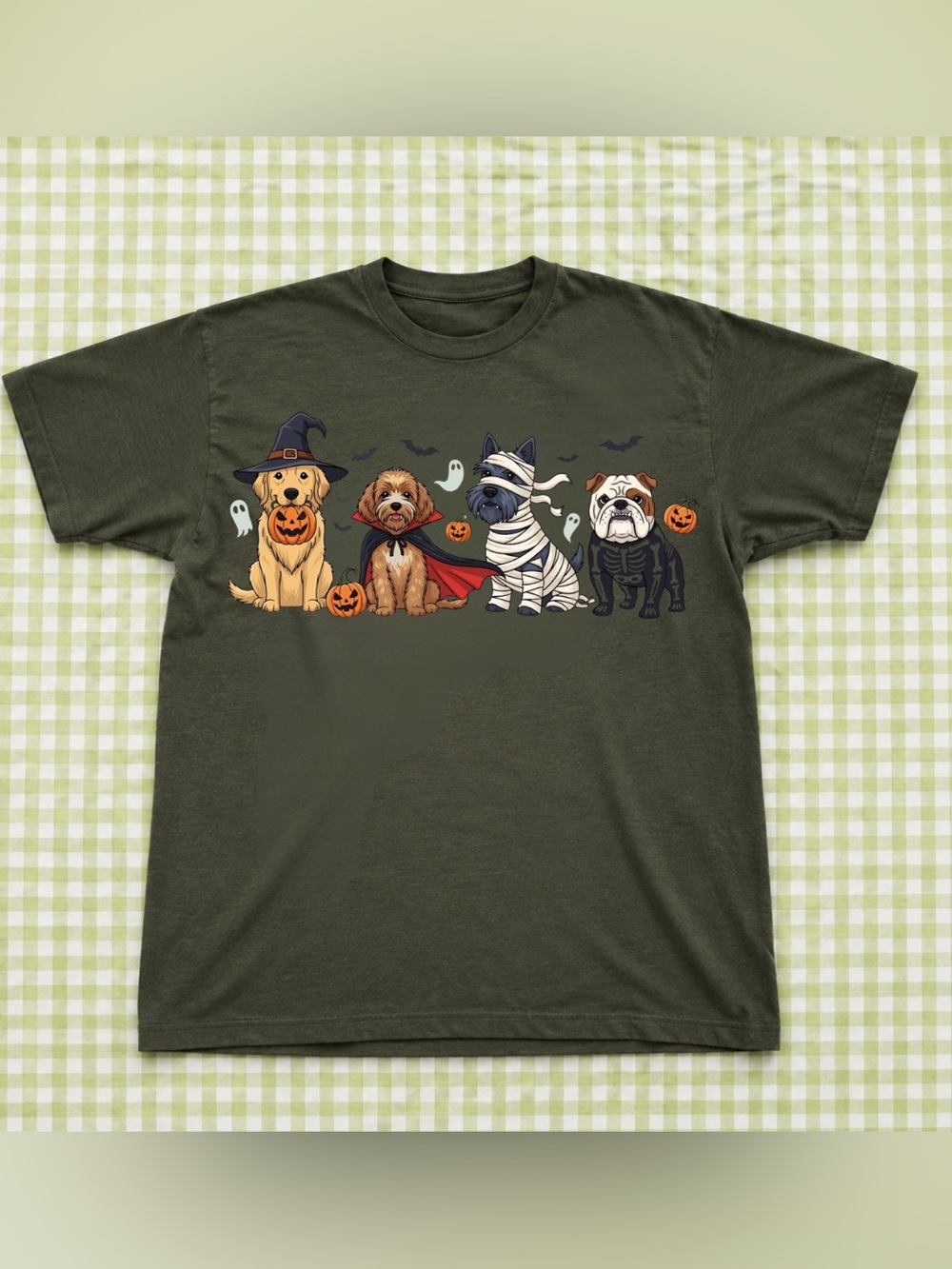 Halloween Funny Dogs Graphic Tee - Forest Green Retro Style For Unisex